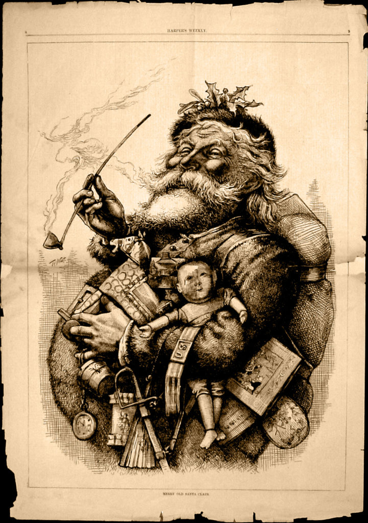 "Merry Old Santa Claus" von Thomas Nast gilt als Ursprung der heute verbreiteten Weihnachtsmann-Darstellung. (Wikimedia-Commons)