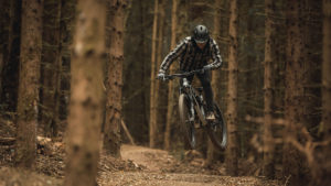 Abwechslungsreich für Mountainbiker: surfen über Bodenwellen des Trails im Frankenwald