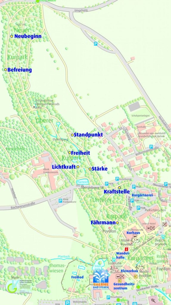 Karte des Kurparks Bad Steben zeigen eine Übersicht über die Kraftorte im Hofer Land