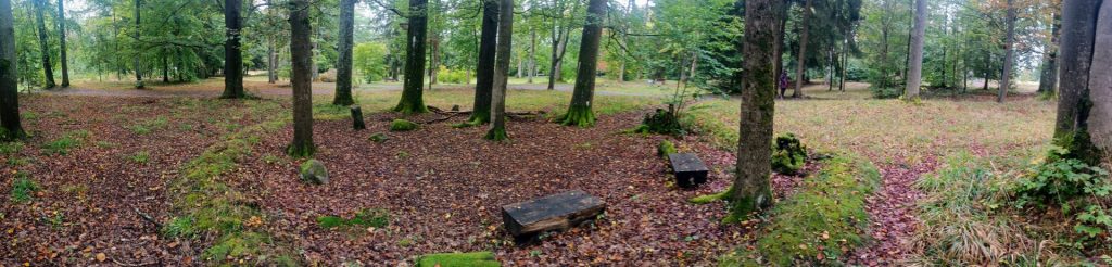 Das Foto auf einem langen Panoramafoto die Kraftstelle. Man sieht den runden Platz, der von Bäumen eingerahmt ist. Rechts sind zwei kleine Holzbänke zu sehen.